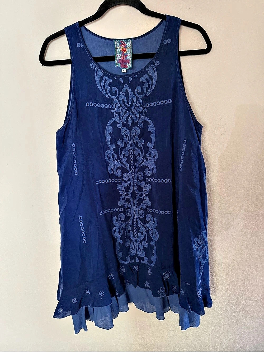 Johnny Was Blue Embroidered Tunic Dress XL Boho Ruffle Hem Cupra Rayon